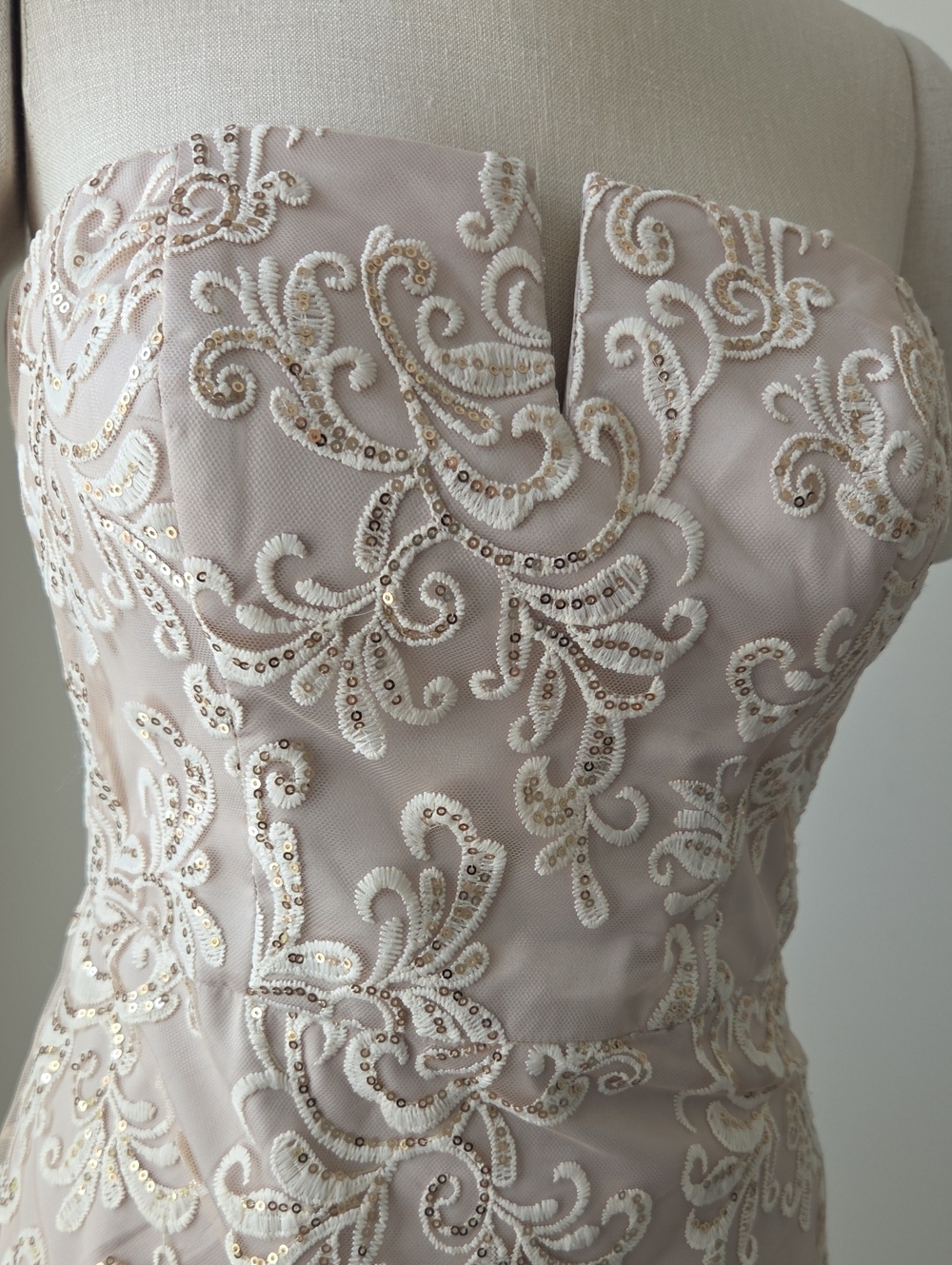 Strapless Lace-Embroidered Sheath Dress in Blush